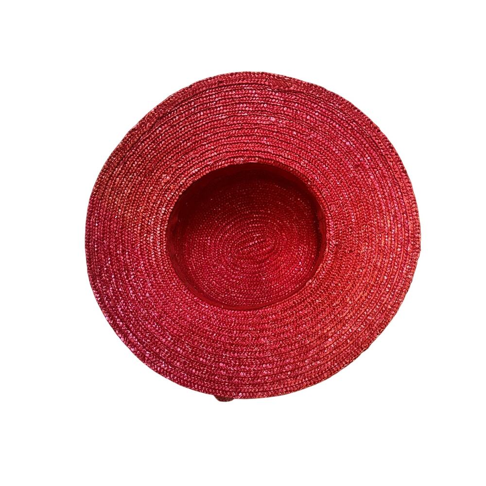 Bright Red Women's Derby Wide Brim Straw Embellished Hat Satin Band Fabric Rose - Picture 6 of 8